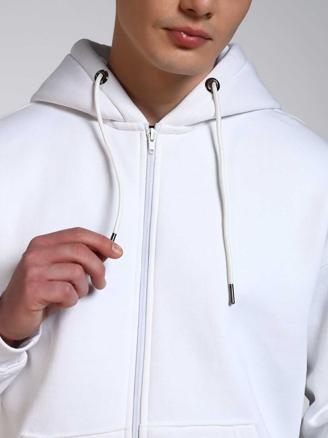 White Solid Regular Fit Zipper Hoodie Sweatshirt