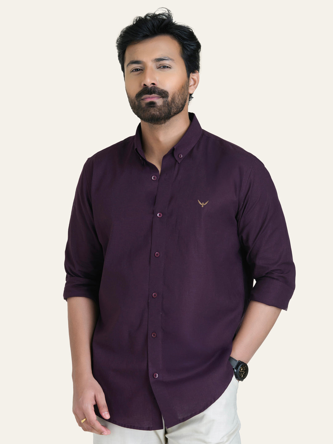 Wine Solid Slim Fit Linen Cotton Shirt
