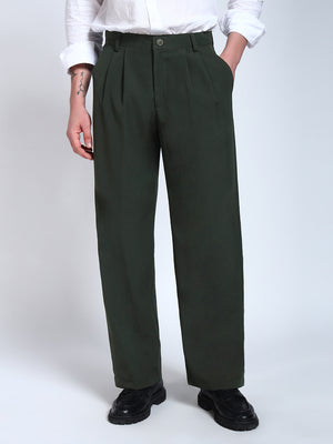 Bottle Green Solid Pleated Korean Pants