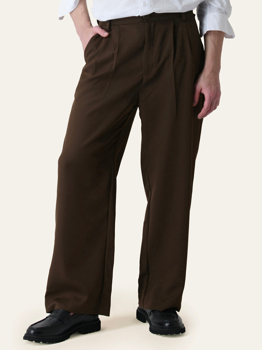 Brown Solid Pleated Korean Pants