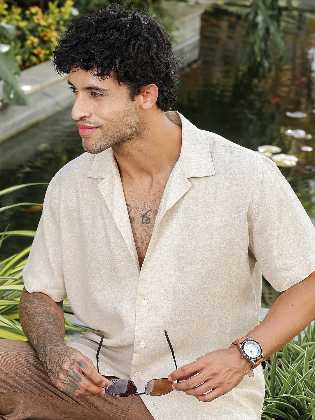 Beige Color Abstract Print Linen Cotton Shirt