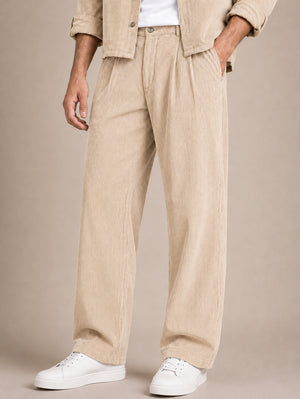 Beige Corduroy Regular Fit Pleated Trouser
