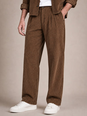 Brown Corduroy Regular Fit Pleated Trouser