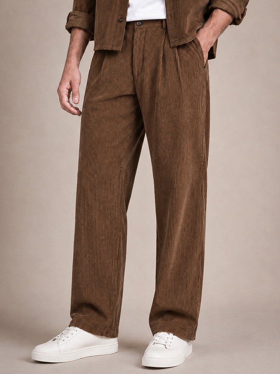 Brown Corduroy Regular Fit Pleated Trouser