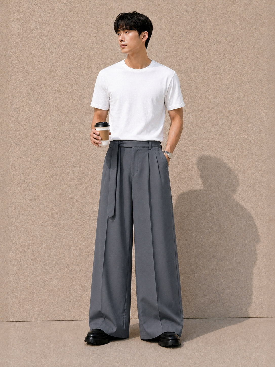 Steel Grey Solid Wide Leg Fit Belted Korean Pant
