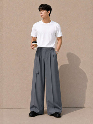 Steel Grey Solid Wide Leg Fit Belted Korean Pant
