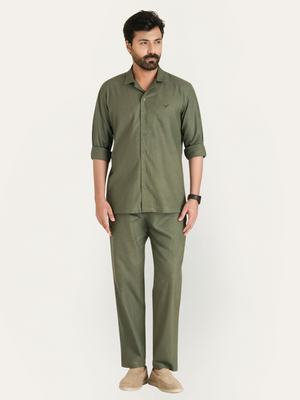 Olive Green Linen Solid Shirt Pants Co-ord Set.