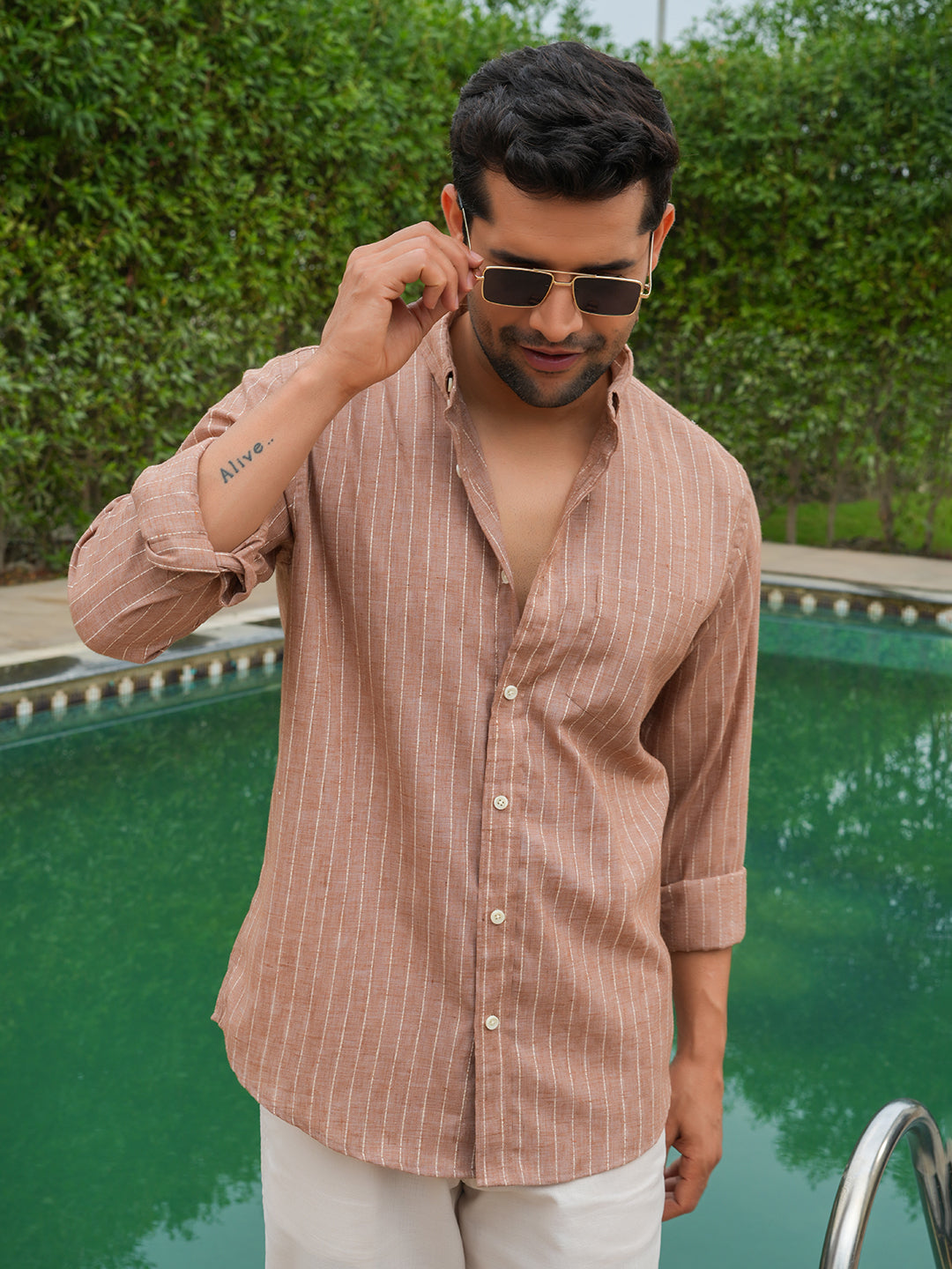 Rust and White Striped Slim Fit Linen Cotton Shirt