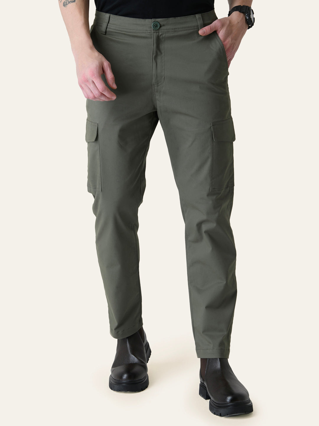 Olive Green Solid Cargo Pants
