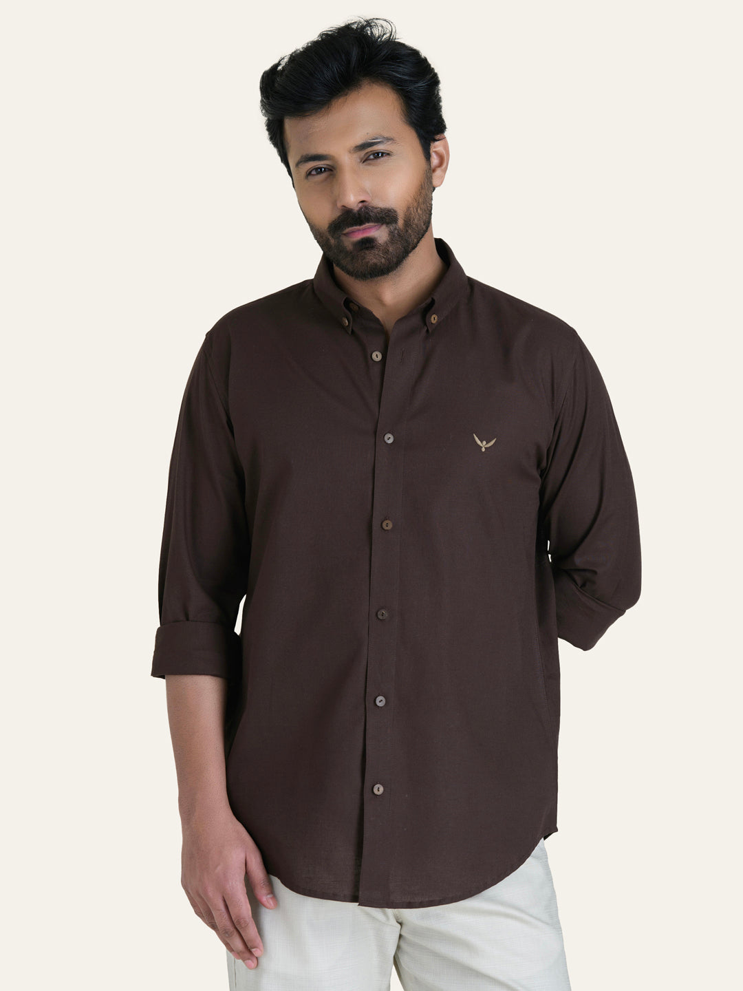 Dark Brown Solid Slim Fit Linen Cotton Shirt