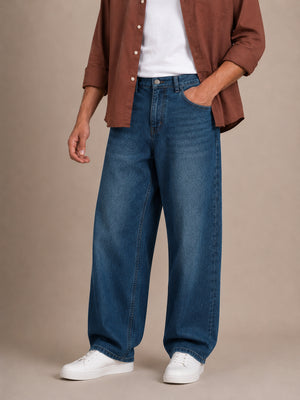 Teal Blue Washed Baggy Fit Jeans