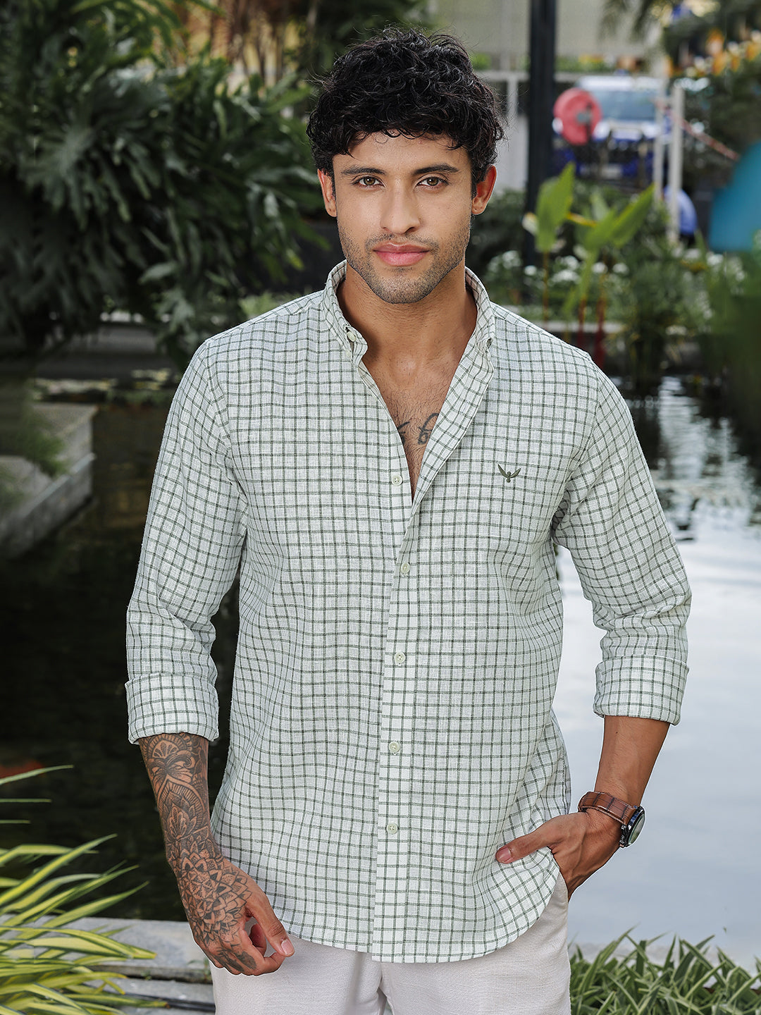 Green Checked Slim Fit Linen Shirt