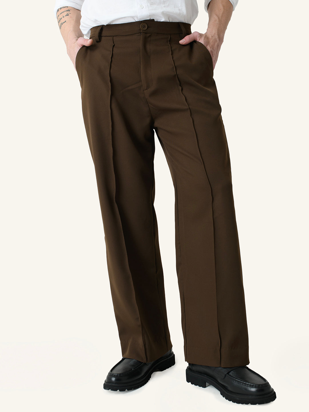Brown Solid Pintuck Korean Pants