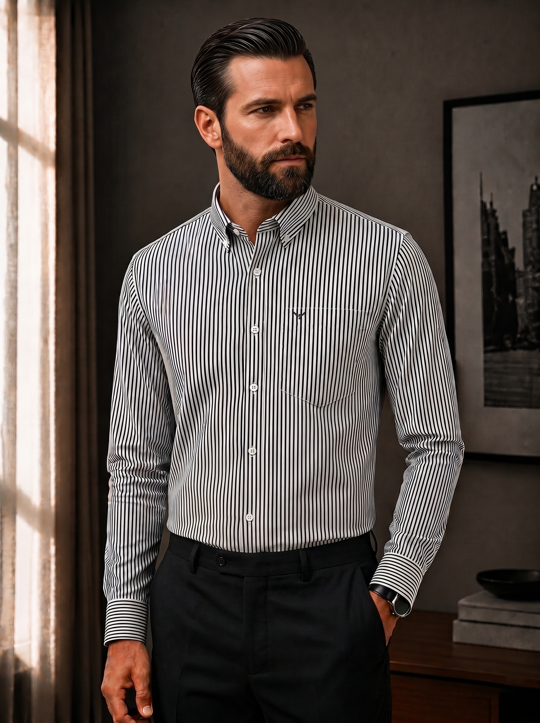 Black Striped Slim Fit Cotton Shirt