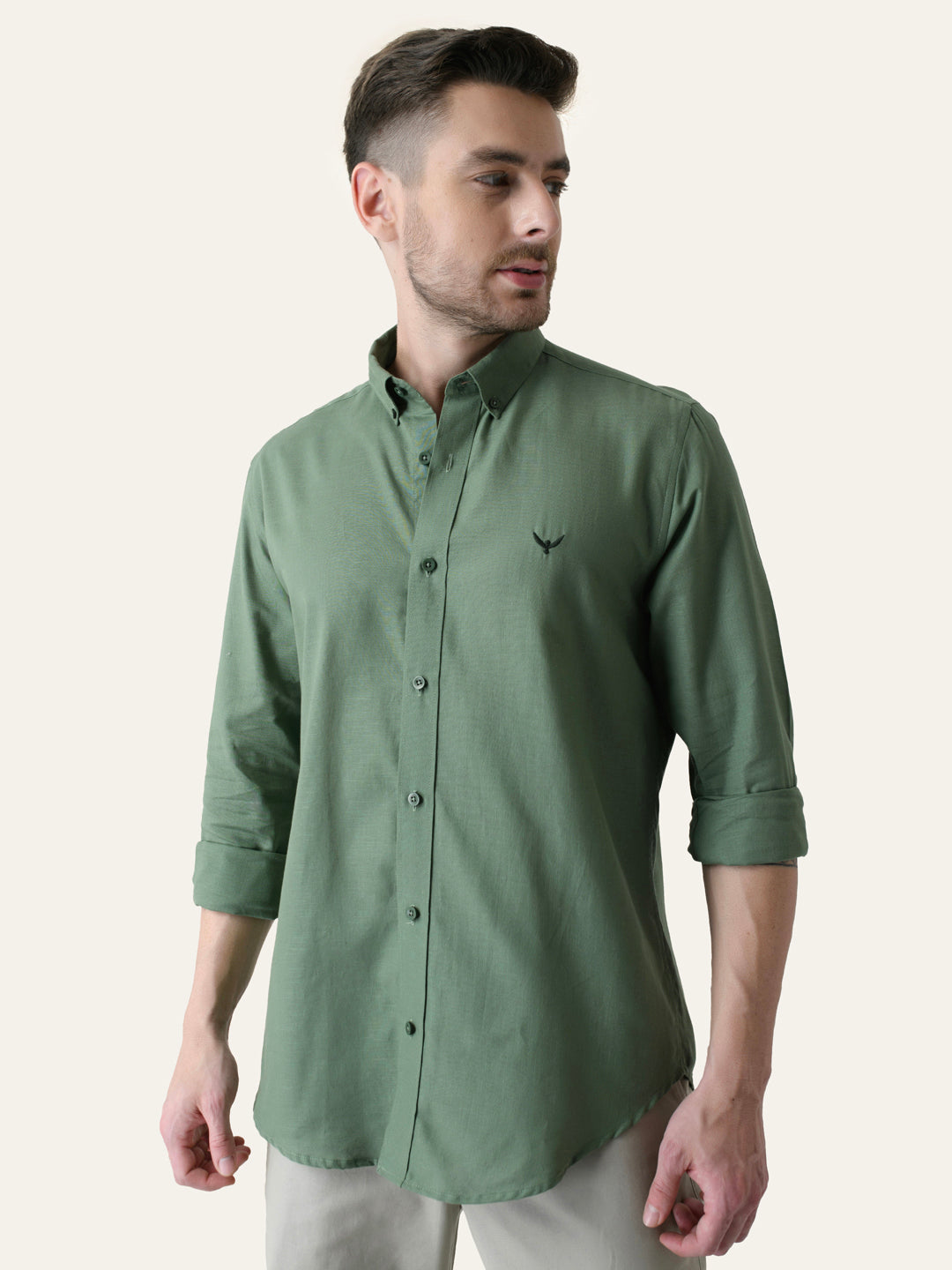 Moss Green Solid Slim Fit Linen Cotton Shirt