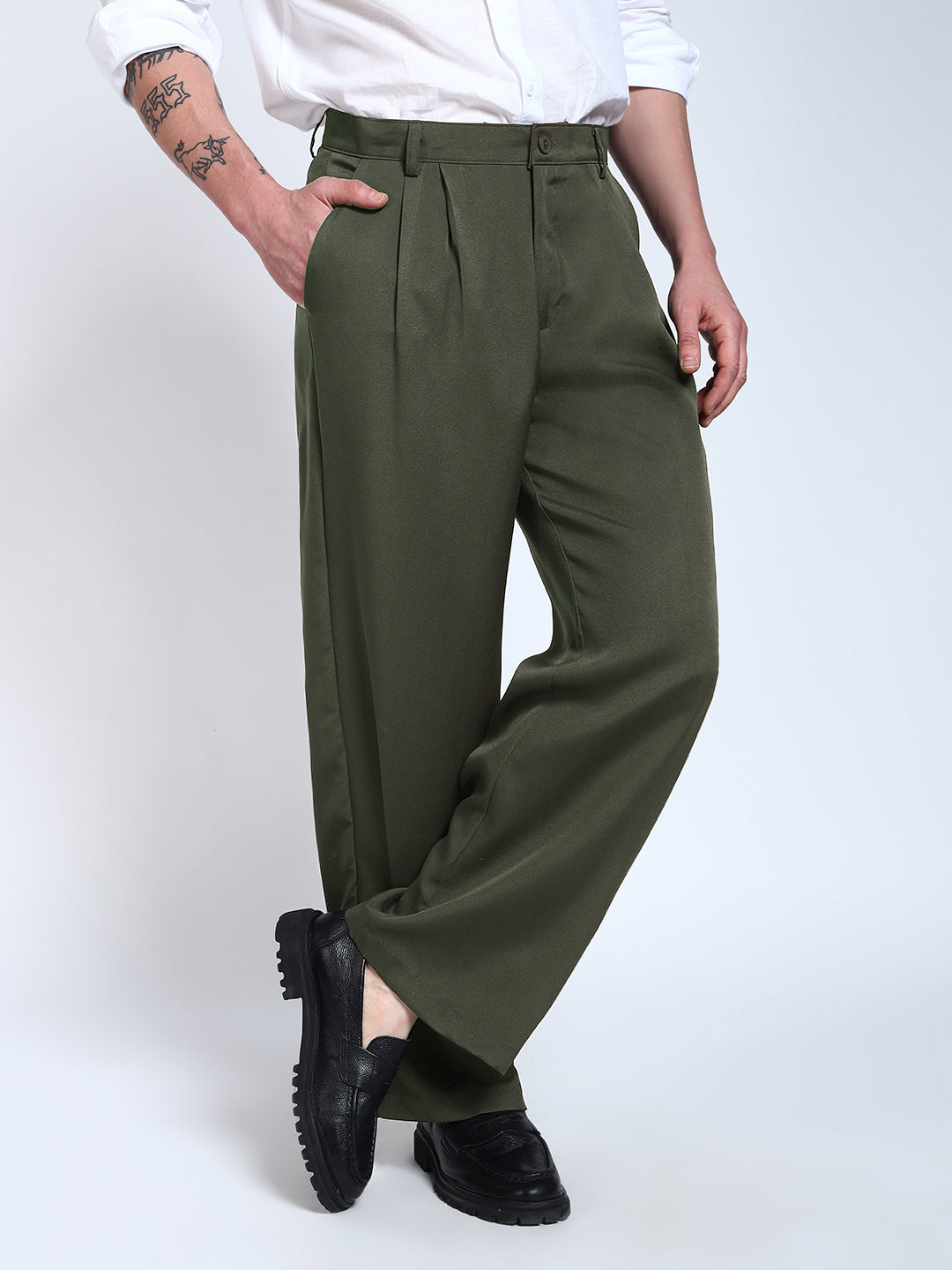 Olive Green Solid Pleated Korean Pants