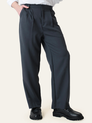 Dark Grey Solid Pleated Korean Pants
