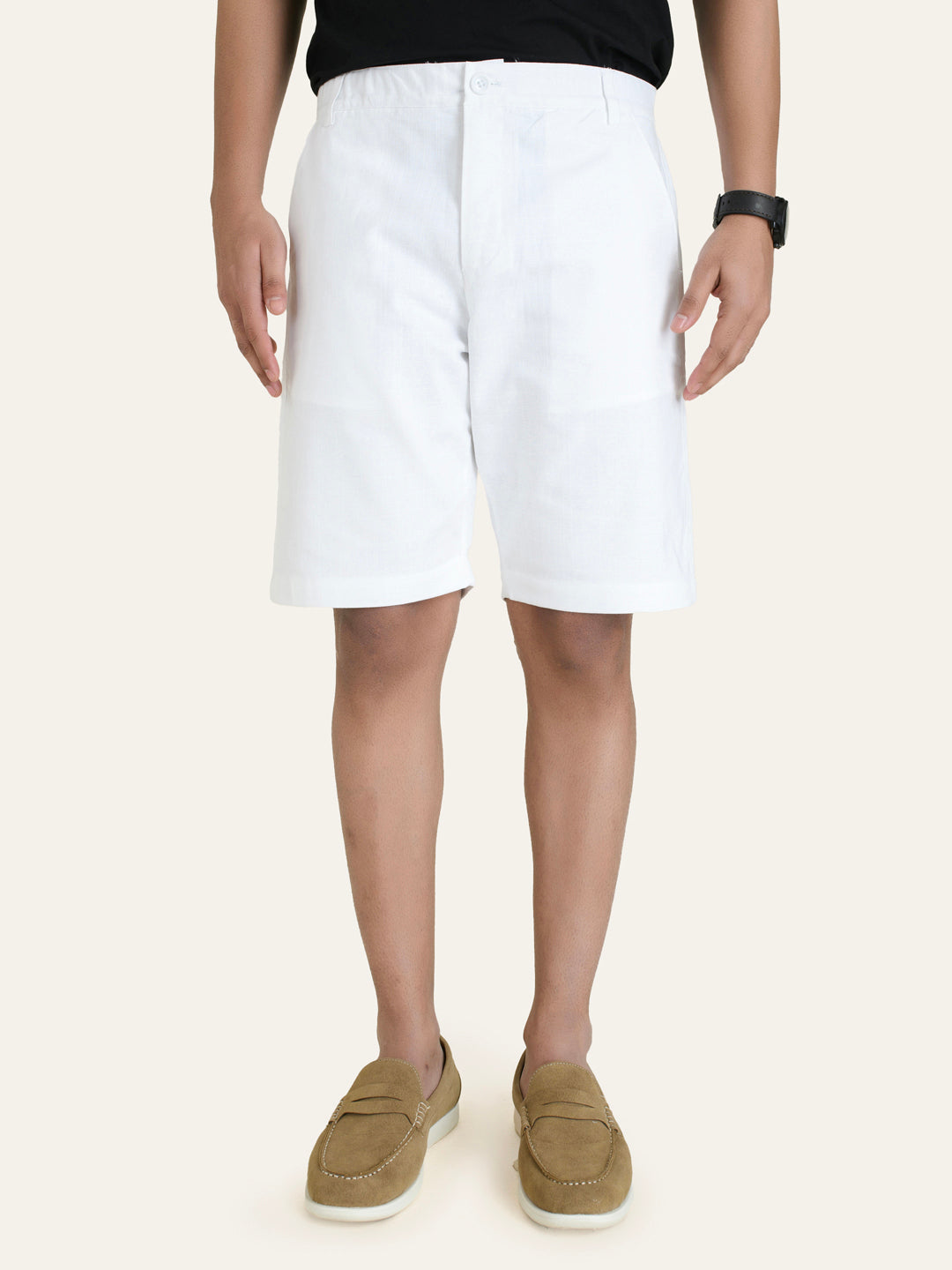 Linen White Solid Shorts