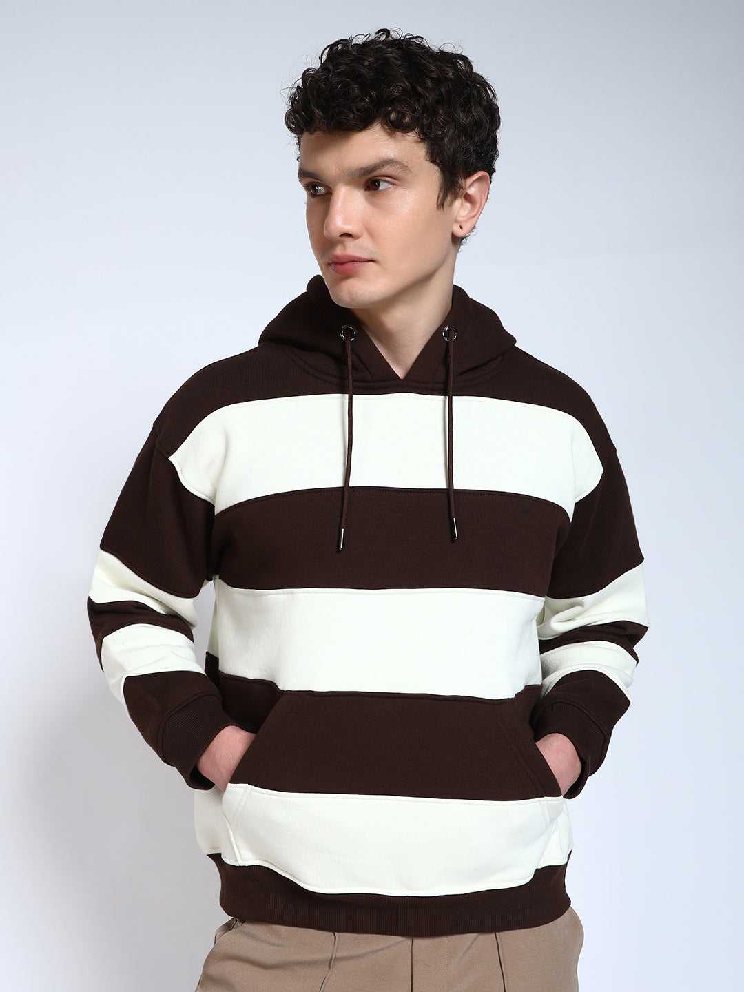 Brown Striped Regular Fit Hoodie Sweatshirt