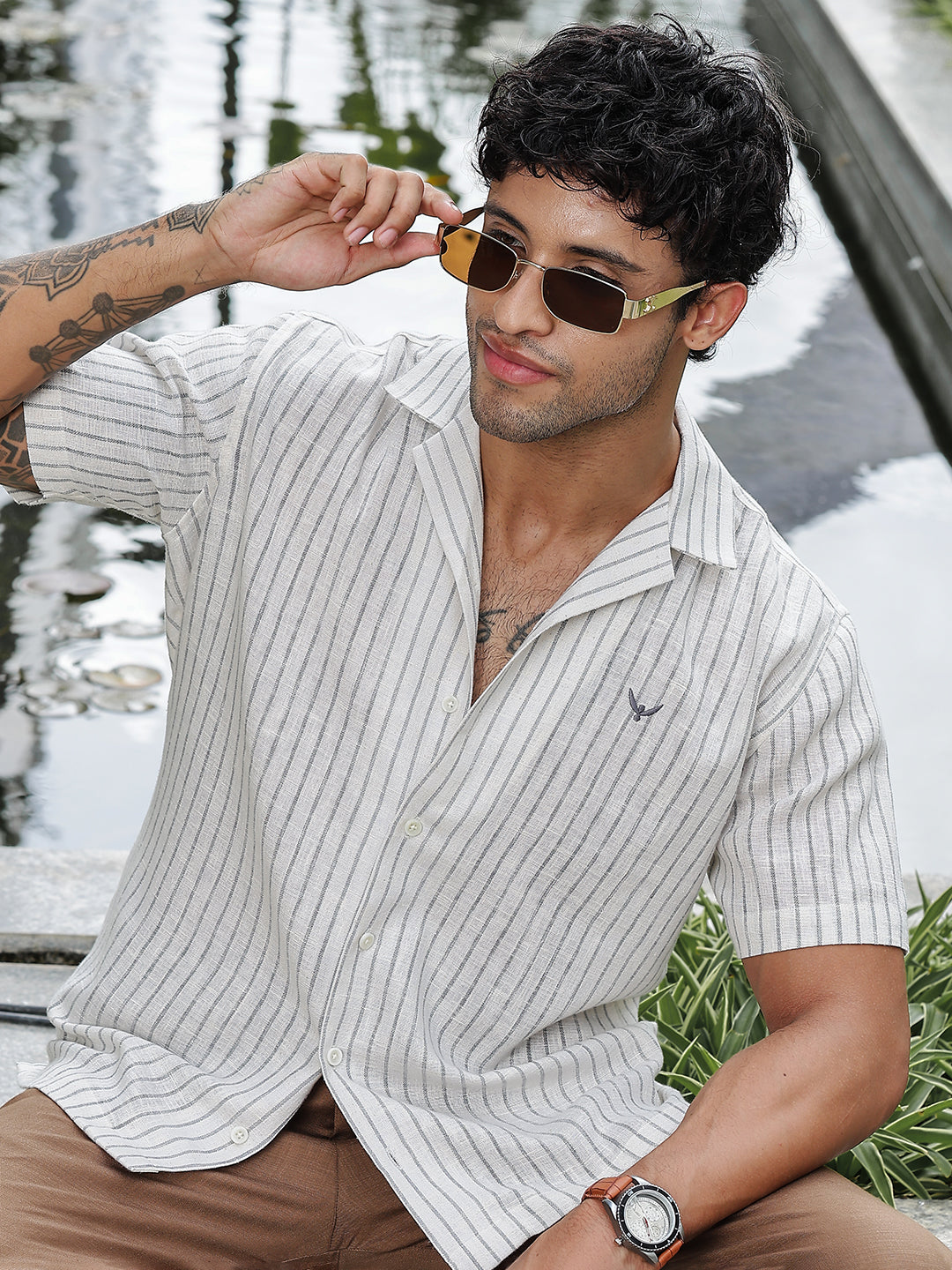 Grey Striped  Linen Shirt