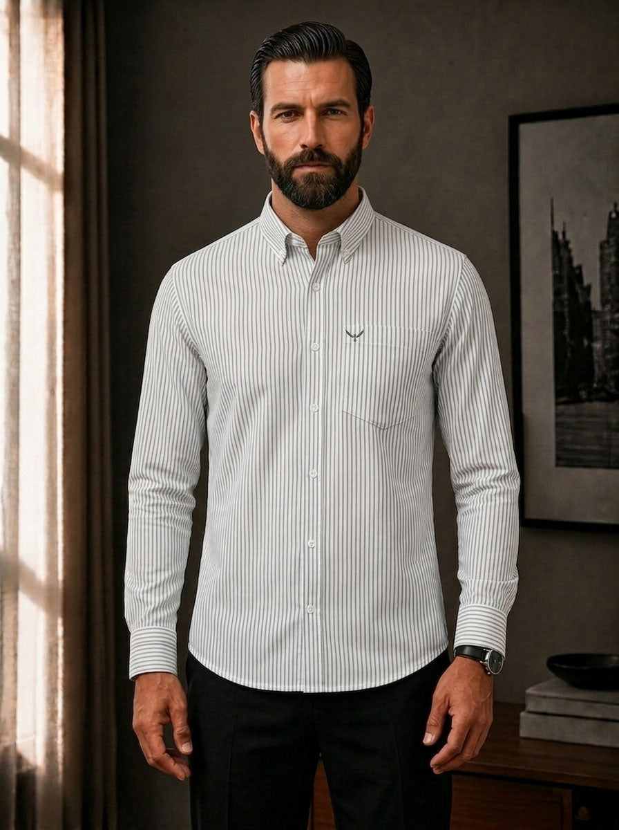 Grey Striped Slim Fit Cotton Shirt