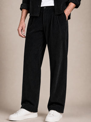 Black Corduroy Regular Fit Pleated Trouser