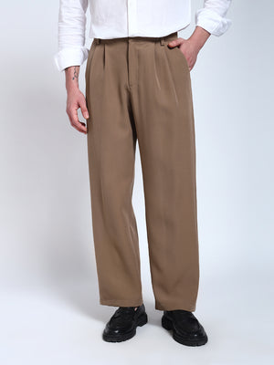 Light Brown Solid Pleated Korean Pants