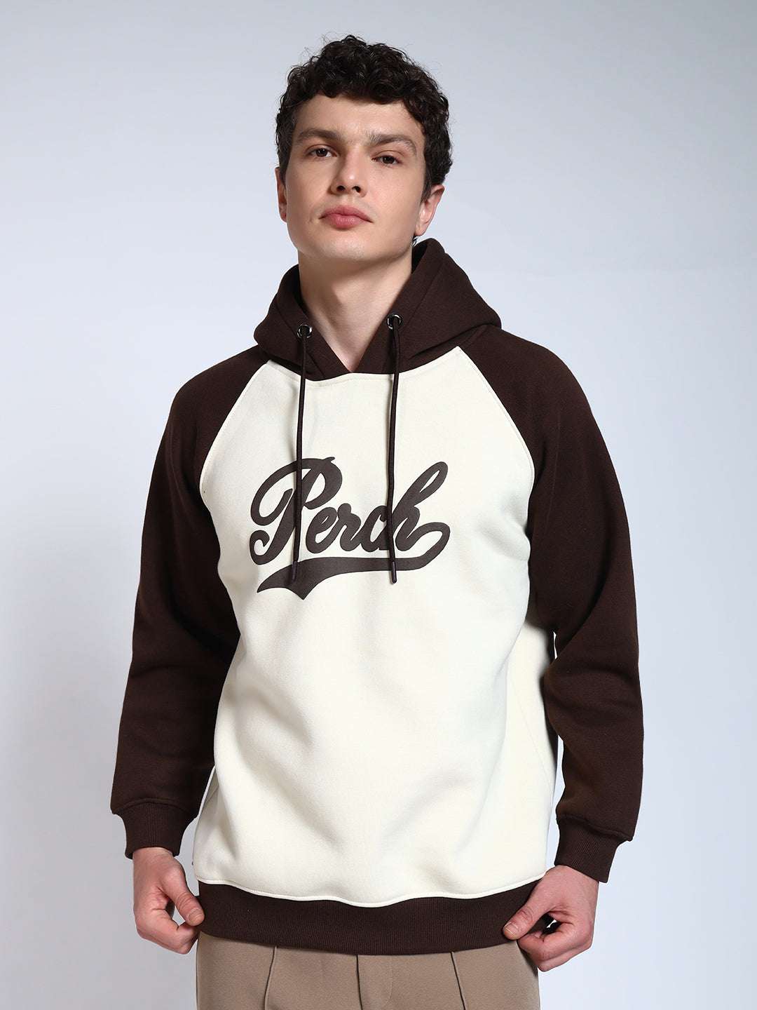 Brown Colour Blocked Regular Fit Hoodie Sweatshirt