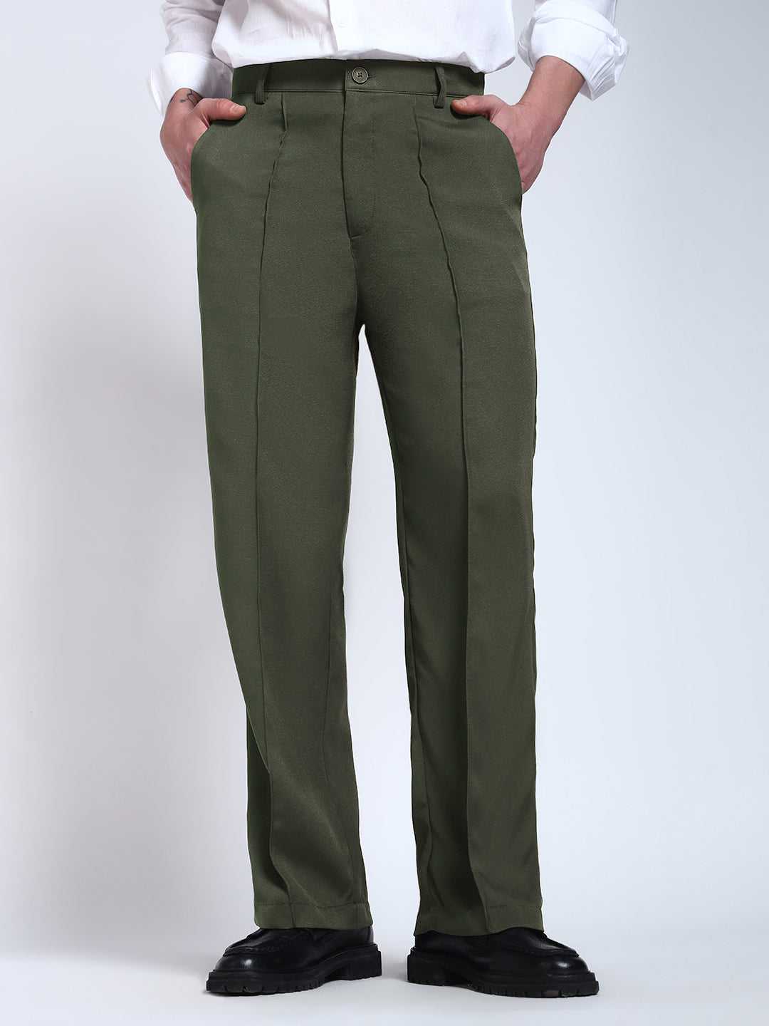 Olive Green Solid Pintuck Korean Pants