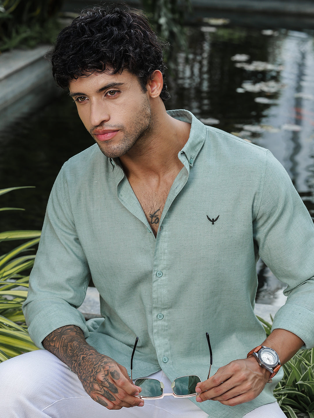 Pastel Green Solid Slim Fit Linen Shirt