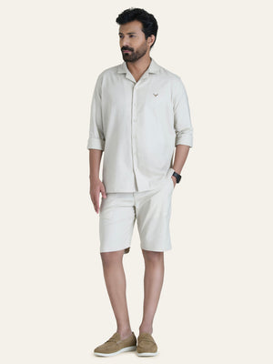 Beige Linen Solid Shirt Shorts Co-ord Set.