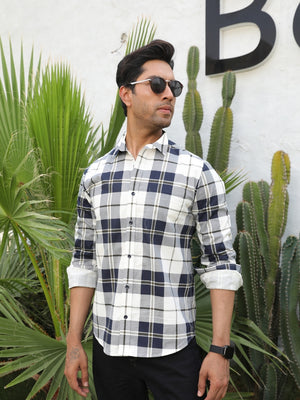 Navy Blue Checks Cotton Shirt