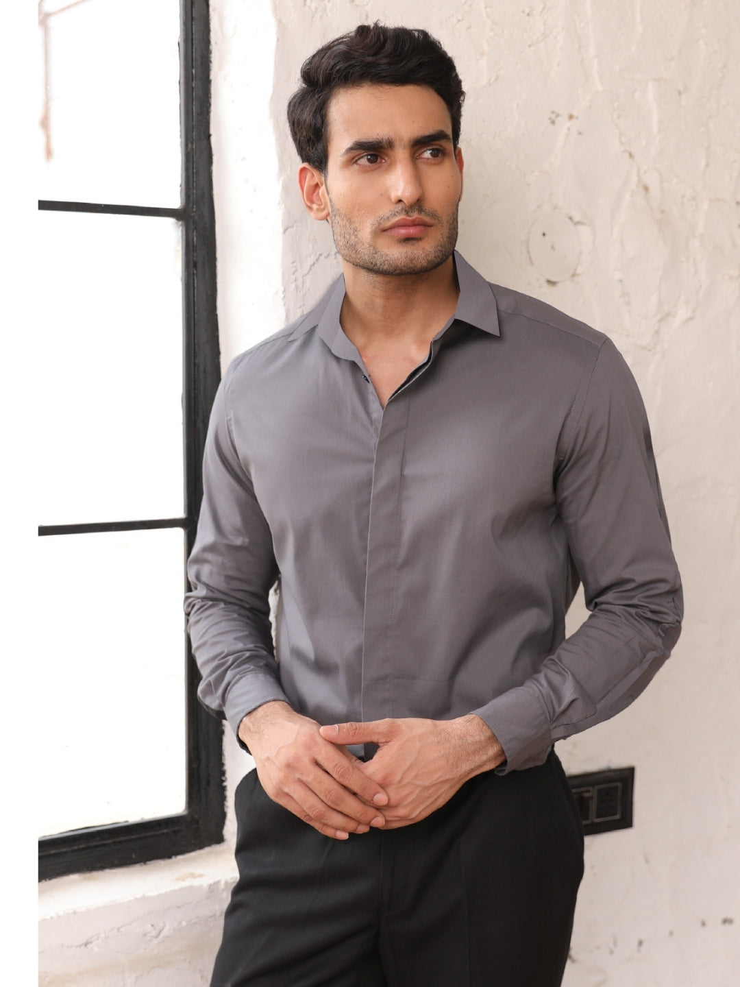 Dark Gray Cotton Solid Shirt