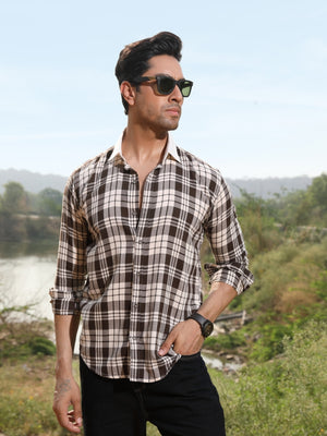Contrast collar cotton Brown checks shirt