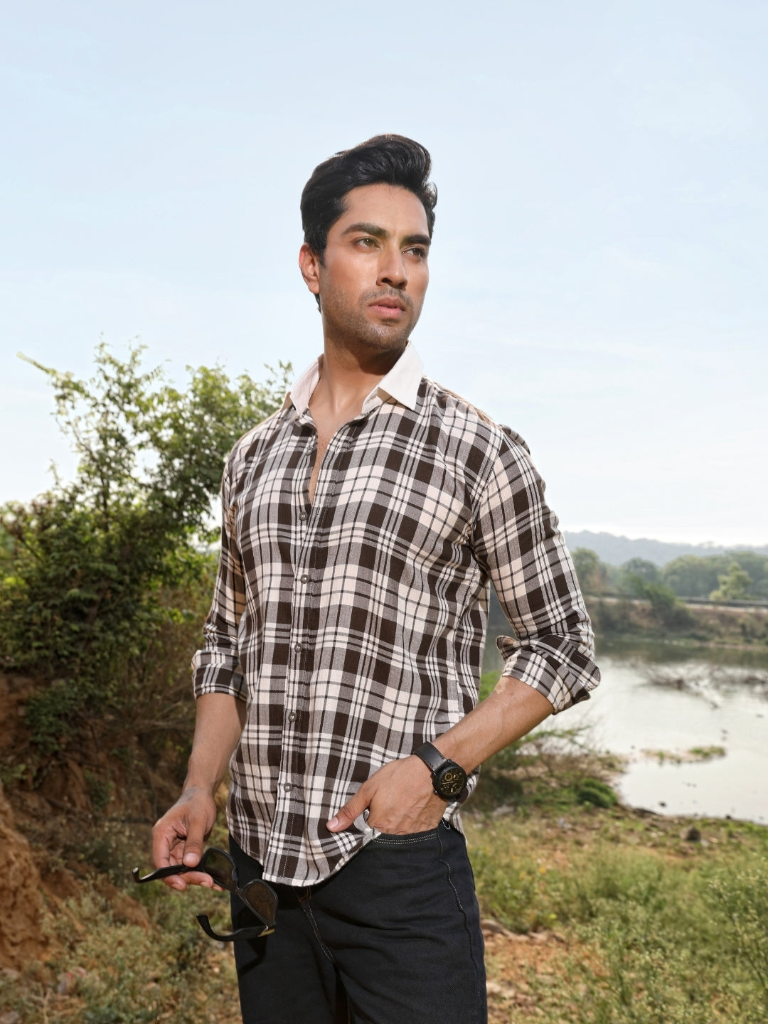 Contrast collar cotton Brown checks shirt