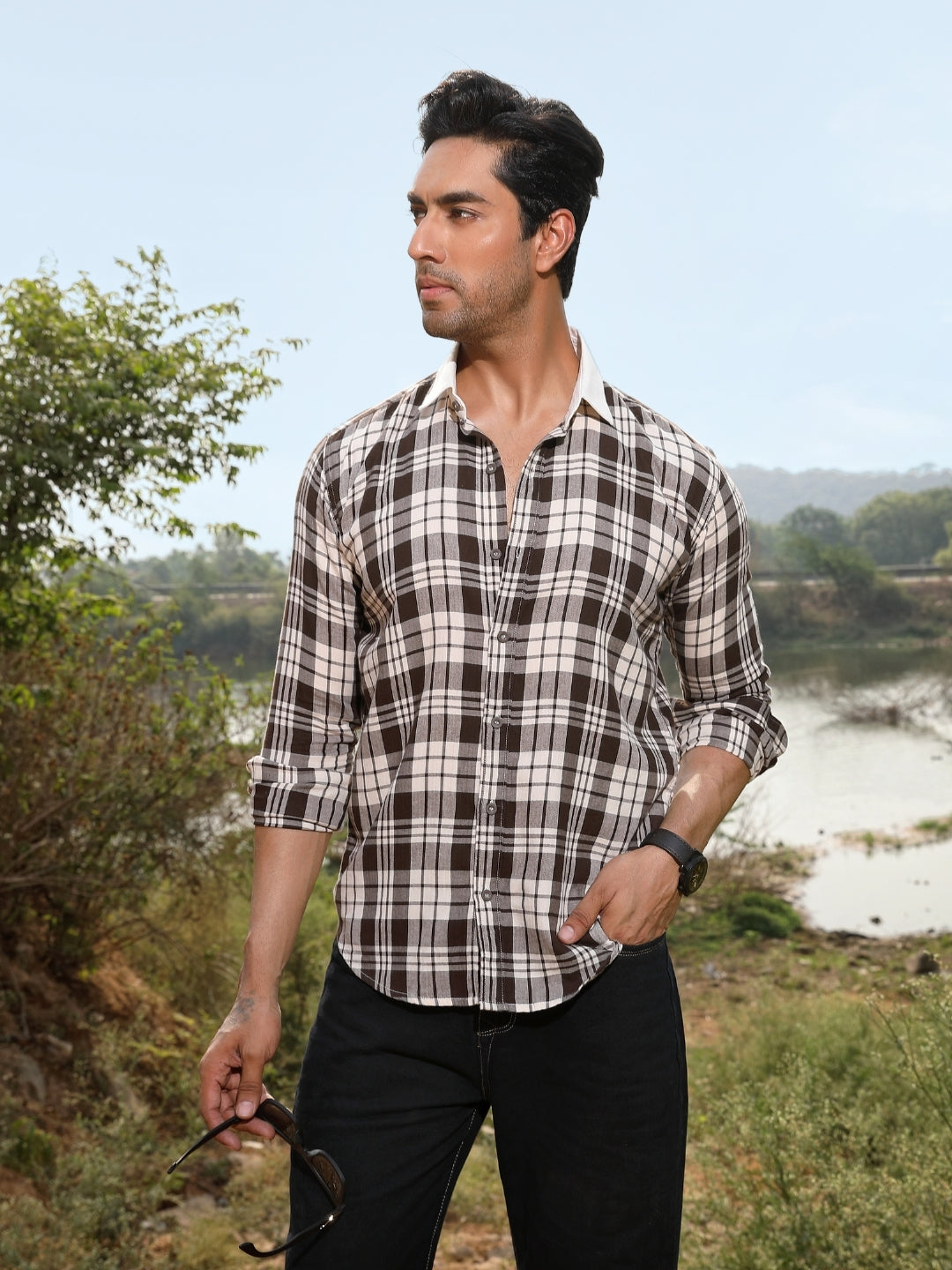 Contrast collar cotton Brown checks shirt