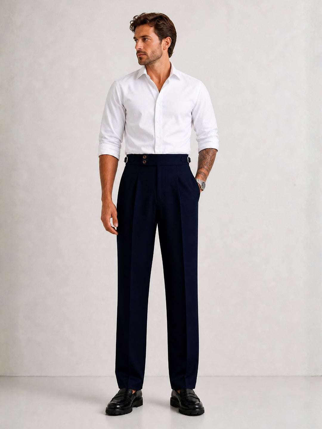 Navy Solid Straight Fit Double Buckle Gurkha Pant