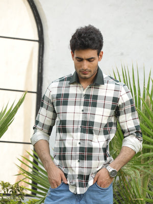 Contrast collar cotton green checks shirt