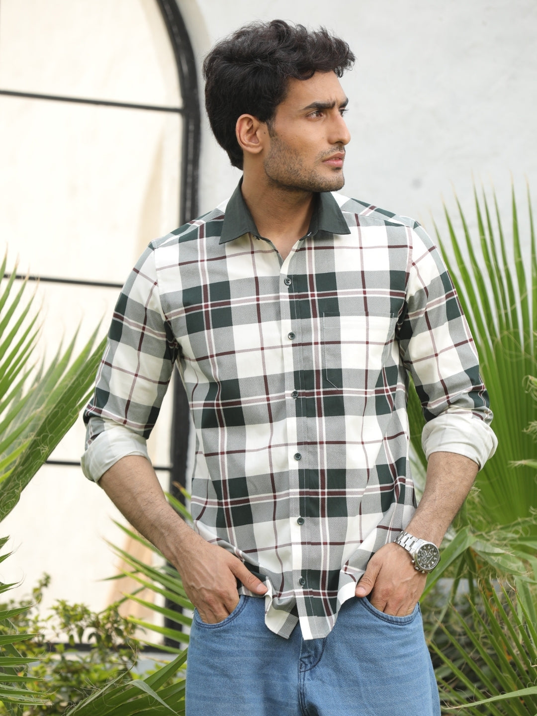 Contrast collar cotton green checks shirt