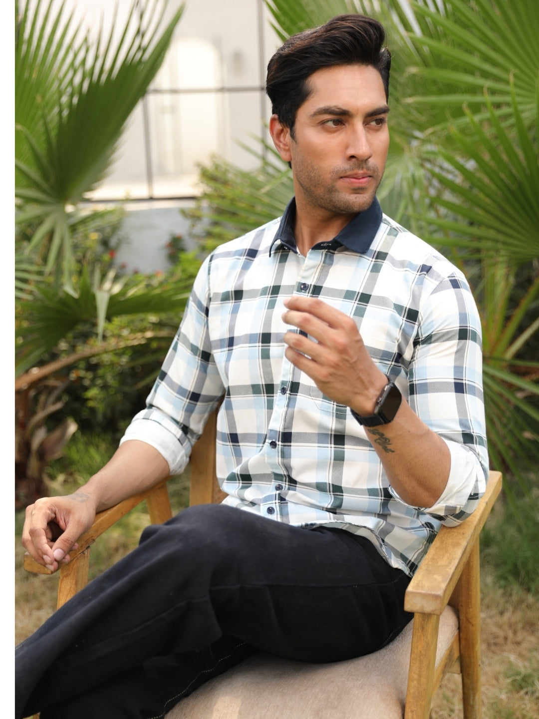 Contrast collar cotton sky blue checks shirt