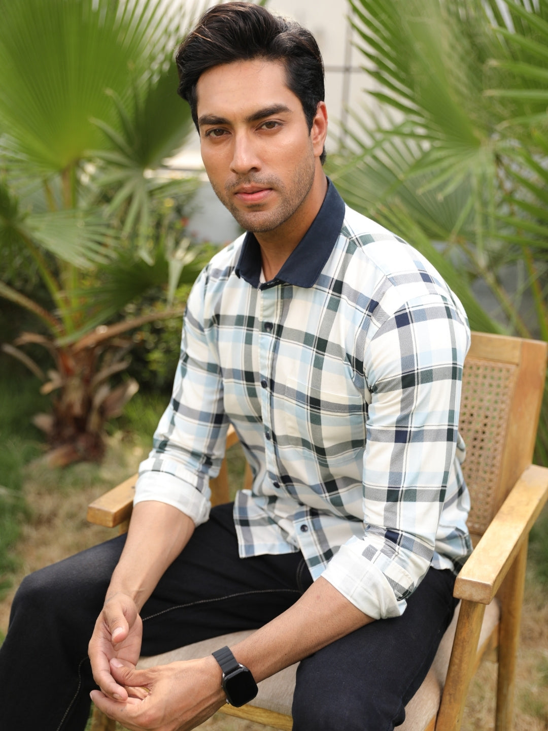 Contrast collar cotton sky blue checks shirt