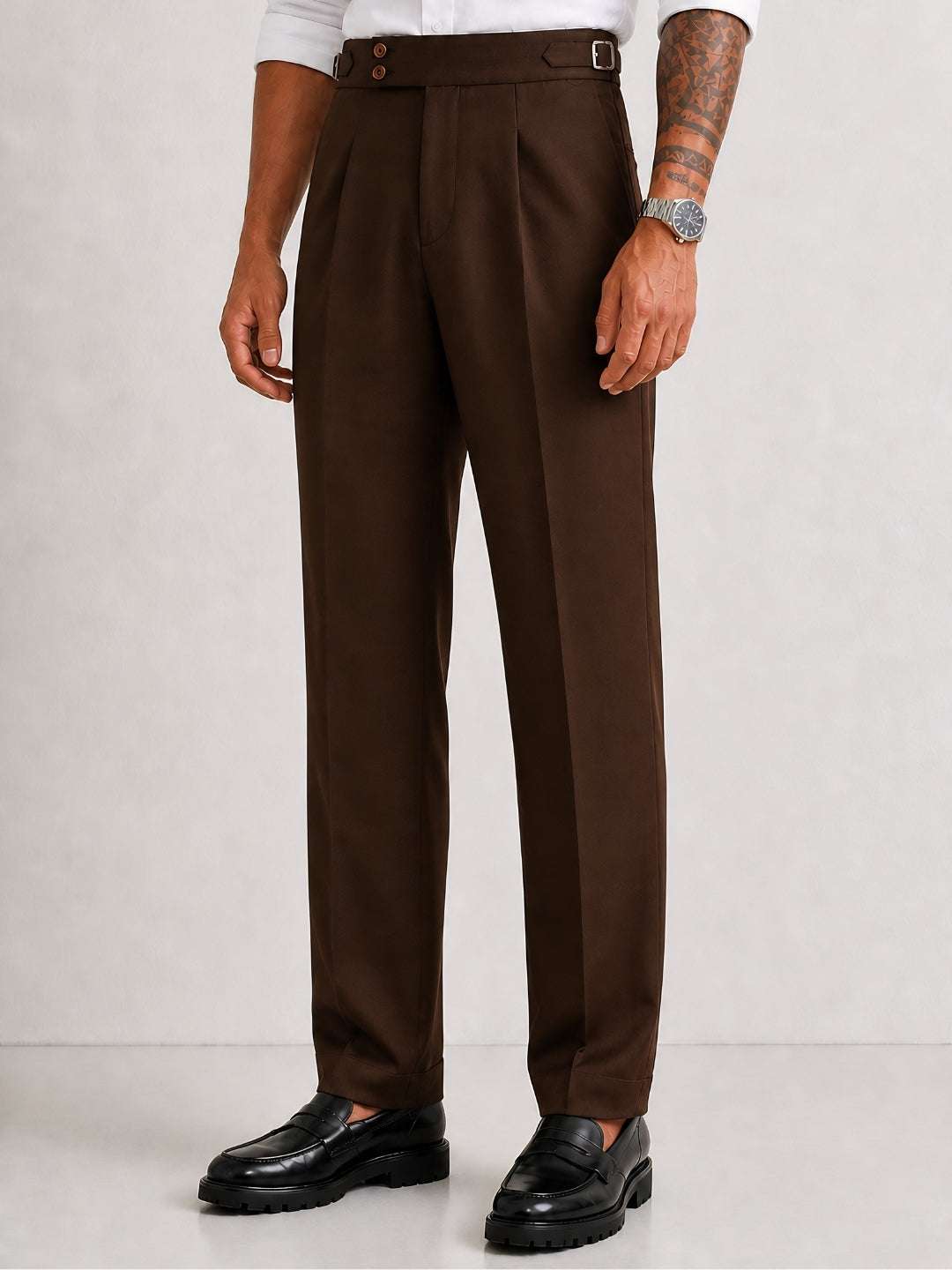 Brown Solid Straight Fit Double Buckle Gurkha Pant