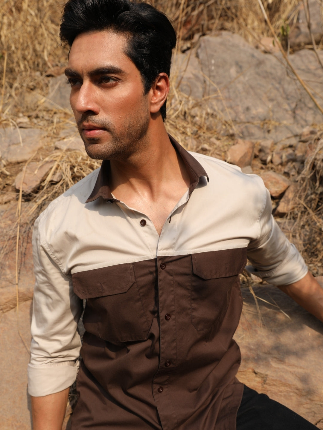 Brown & Cream Colour Blocked Shirt