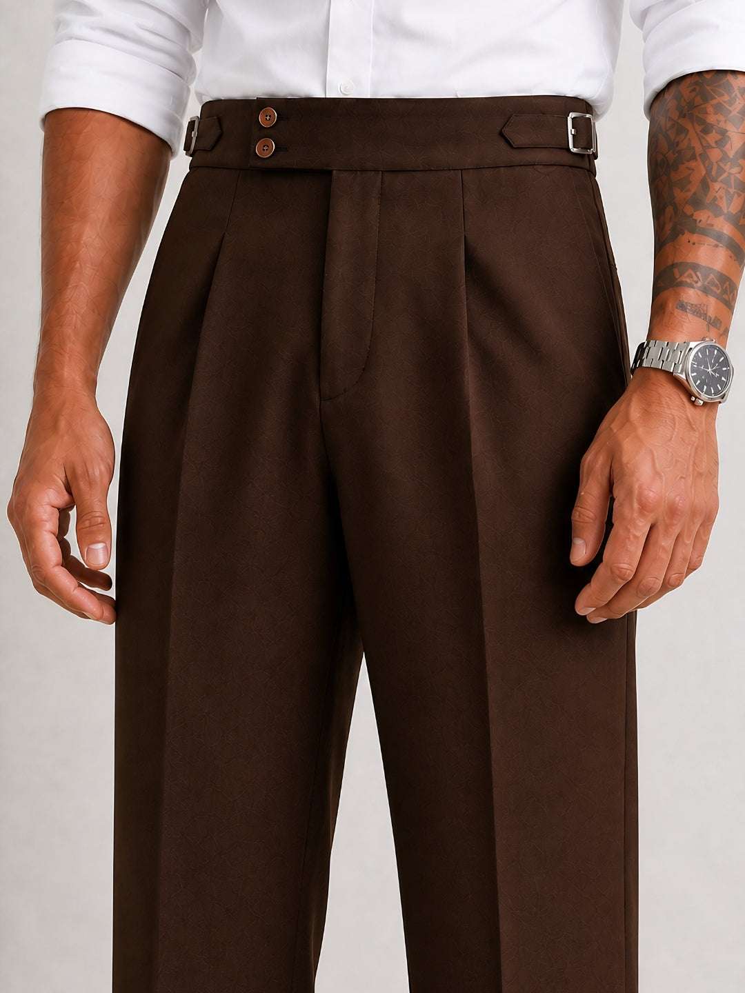 Brown Solid Straight Fit Double Buckle Gurkha Pant