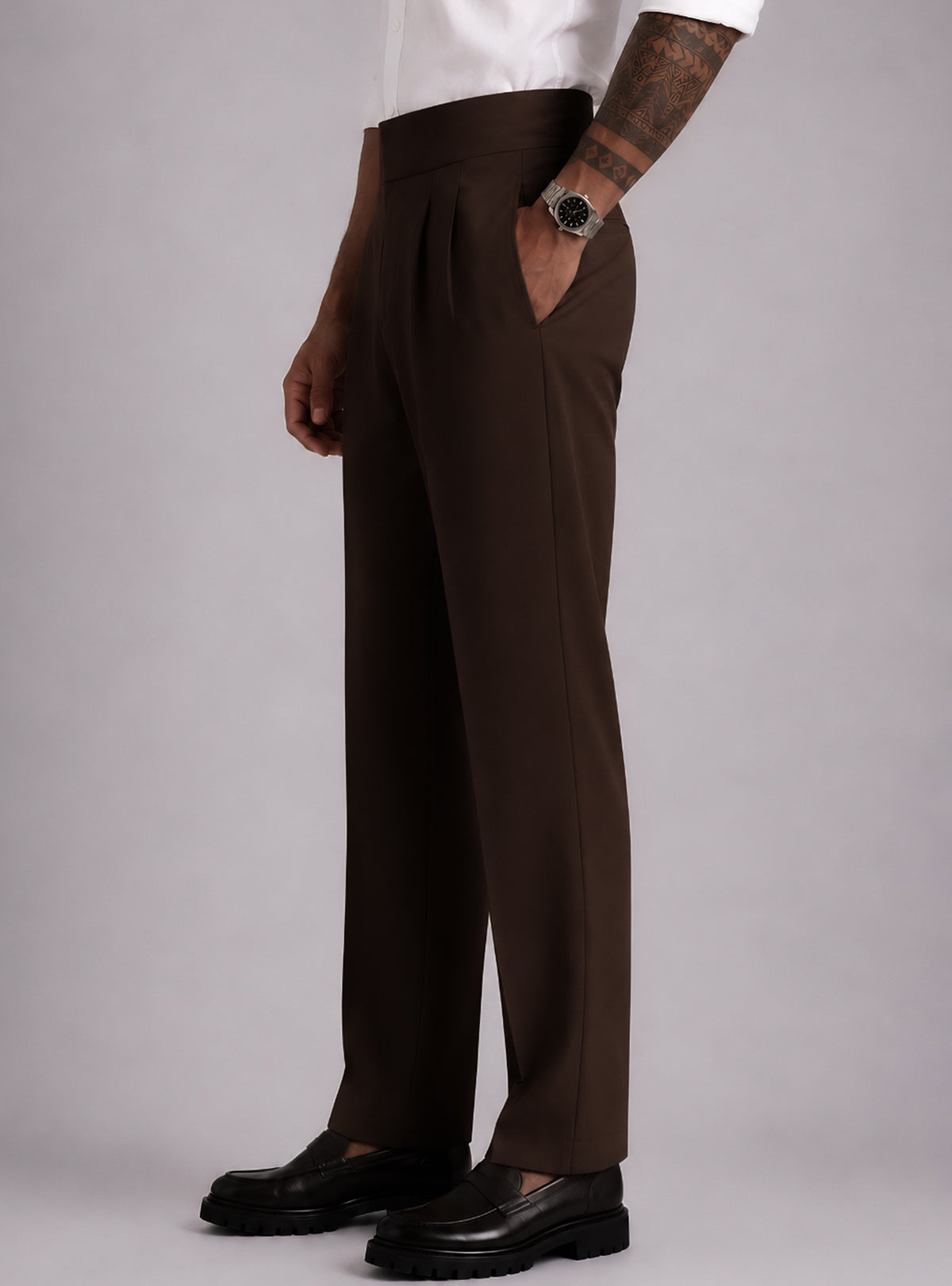 Brown Solid Straight Fit Single Buckle Gurkha Pant For Men