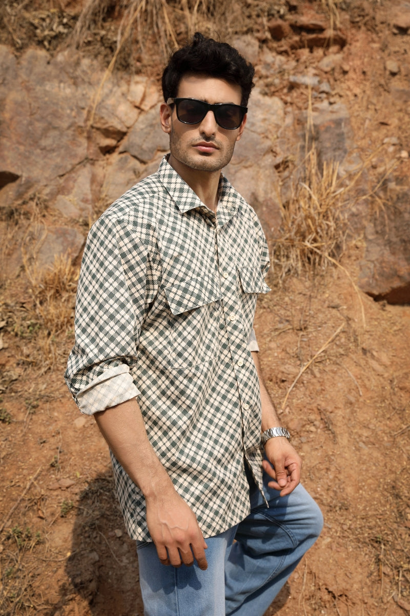 Cream & Green Checks Box Fit Shirt