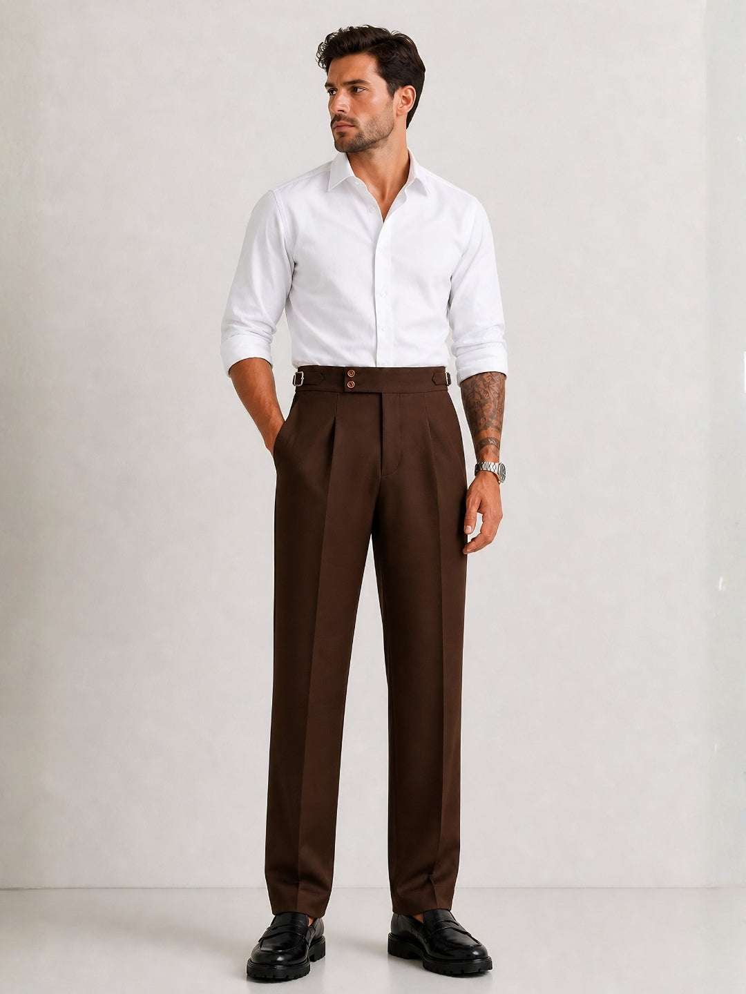 Brown Solid Straight Fit Double Buckle Gurkha Pant