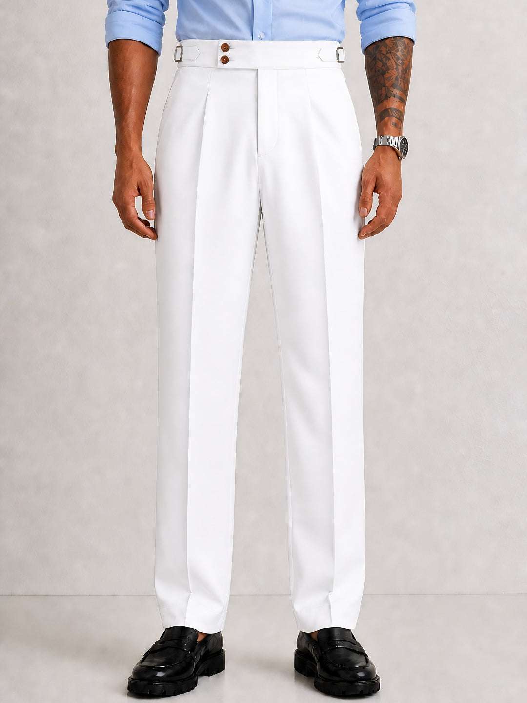 White Solid Straight Fit Double Buckle Gurkha Pant