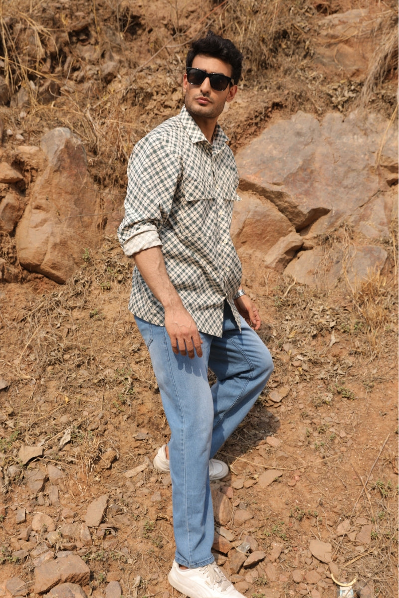 Cream & Green Checks Box Fit Shirt