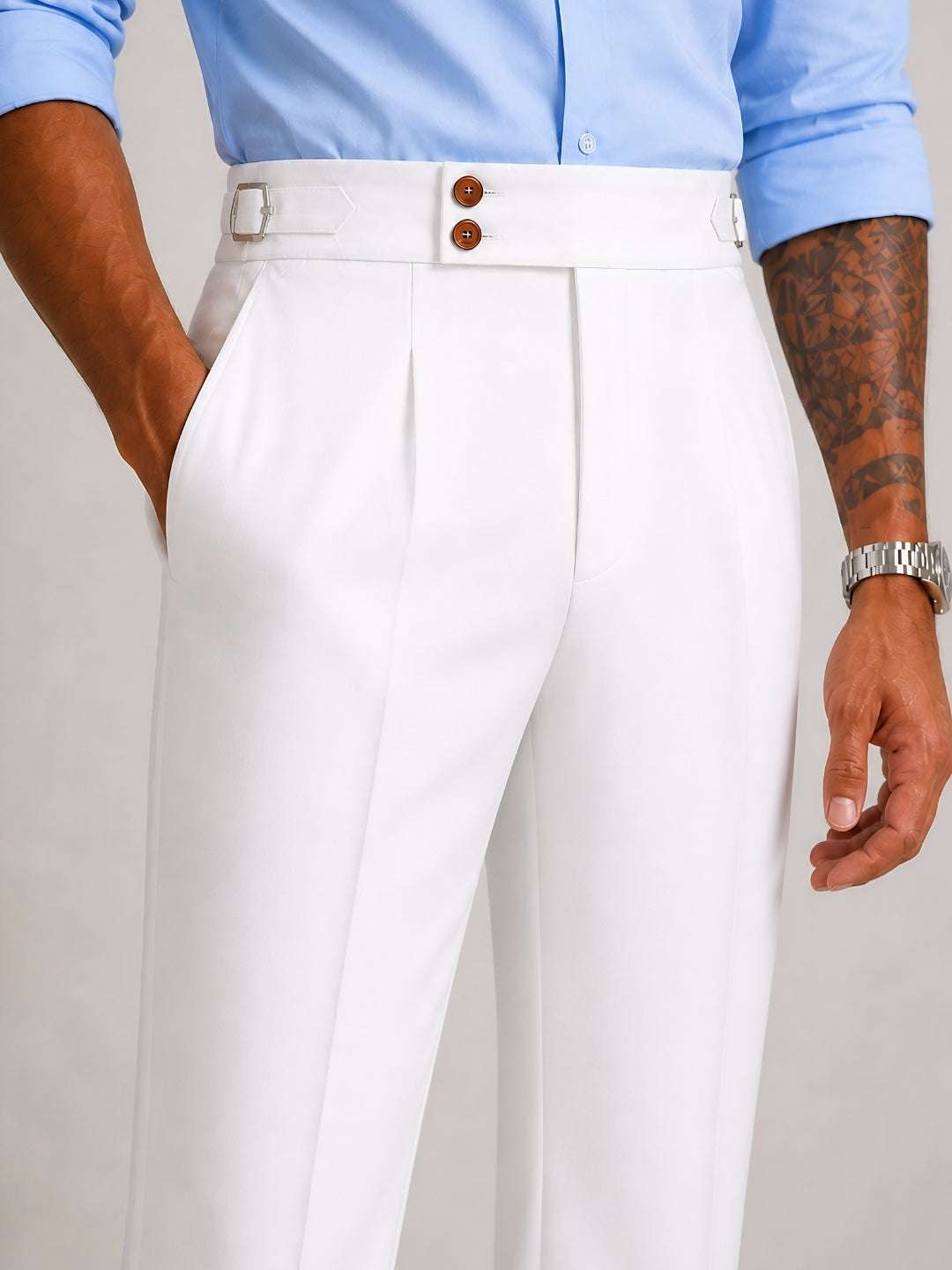 White Solid Straight Fit Double Buckle Gurkha Pant